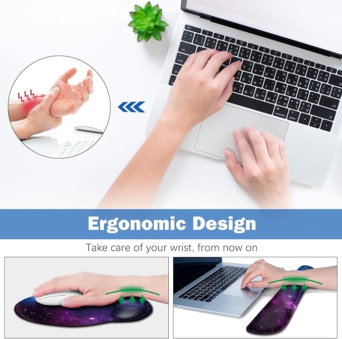 ARTSO Large Mouse Pad and Keyboard Wrist Rest, Ergonomic Mouse Pad with Wrist Support, Non-Slip Desk Mat Protector for Office, Home -Blue Purple Cosmic Nebula
