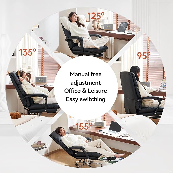 EMIAH Office Chair with Foot Rest, Ergonomic Executive Office Chair with Arms, Reclining High Back PU Leather Comfy Swivel Computer Desk Chairs with Wheels and Lumbar Support for Home Office, Black