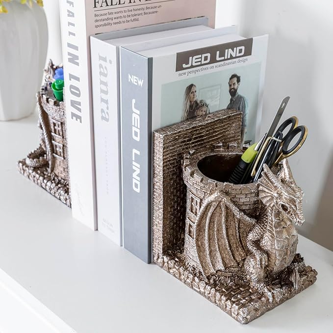 MyGift Gothic Brown Resin Dragon Guarding Castle Pencil Cup Bookends, Office Desk Book Ends with Decorative Fantasy Dragons and Stone Tower Pen Holders, 1 Pair