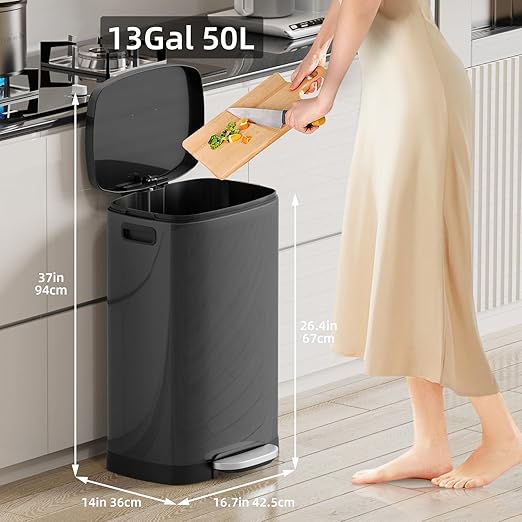 KUK 13 Gallon Kitchen Trash Can with Lid, 50L/13Gal Office Step Garbage Can for Home, Kitchen, Laundry Room, Office, Brushed Stainless Steel, Titanium Black