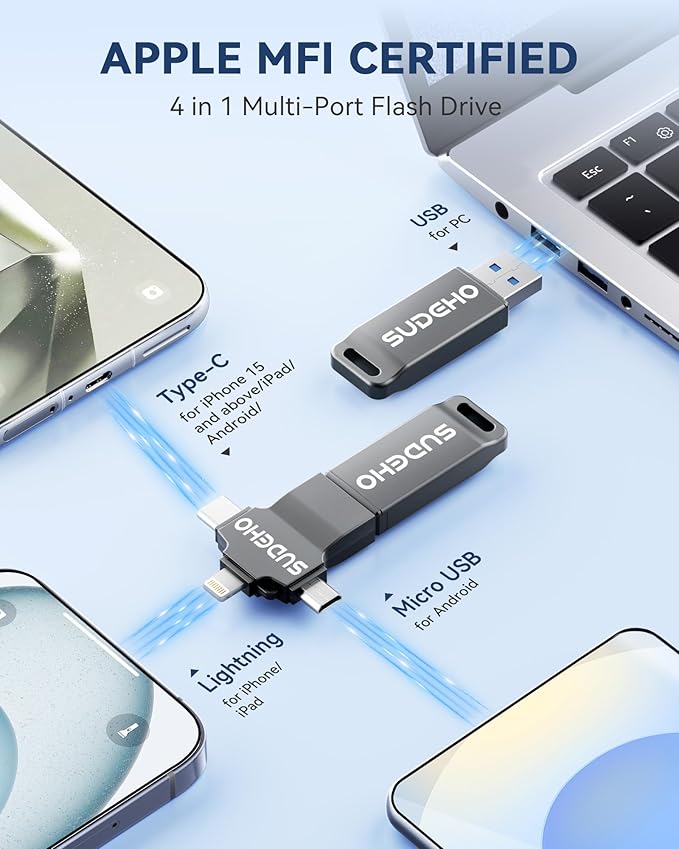 MFi Certified Photo Stick 128GB USB Flash Drive for iPhone, 4 in 1 External Memory Thumb Drive for Picture Video Data Backup, High Speed Memory Stick USB Drive for iPhone/iPad/Android/PC (Gun Black)