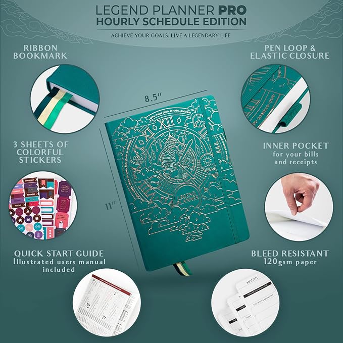 Legend Planner PRO Hourly Schedule - Weekly & Daily Organizer with Time Slots. Appointment Book Journal for Work & Personal, A4 (Viridian Green)