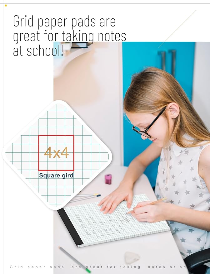 Graph Paper Pads 8.5 x 11, 6 Pack, 4x4 Blue Quad Grid Paper Pad, White Quadrille Pad 8-1/2" x 11", Easy Tears Off, Grid Notebook 8.5 x 11, White 70 GSM Graft Paper, 30 Sheets/Pad