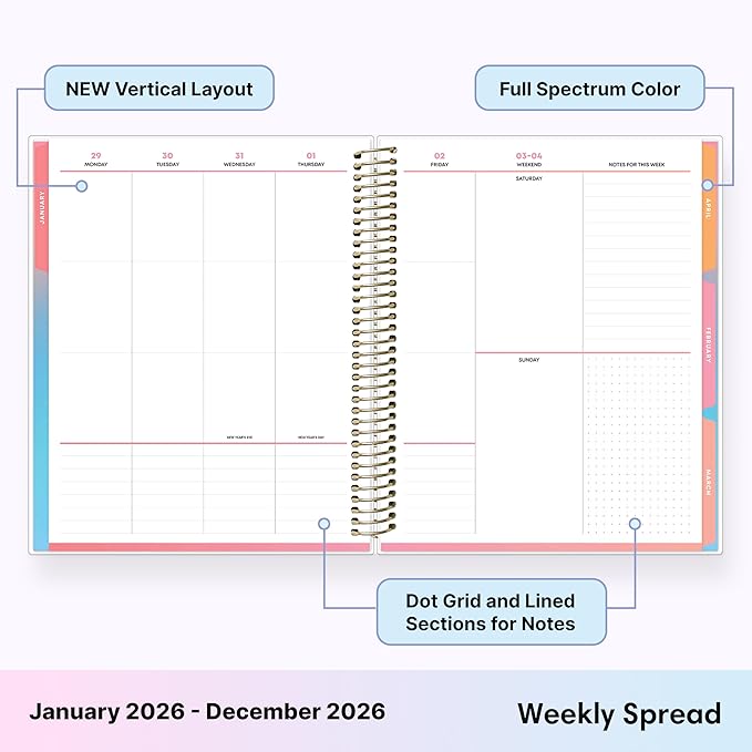 Blue Sky Livewell 2026 Weekly and Monthly Planner Calendar, January 2026 - December 2026, 7" x 9", Flexible Laminated Cover, Heavy Duty Coil Binding, Colorful Premium Paper, Includes Storage Pocket, Stickers, Charmie