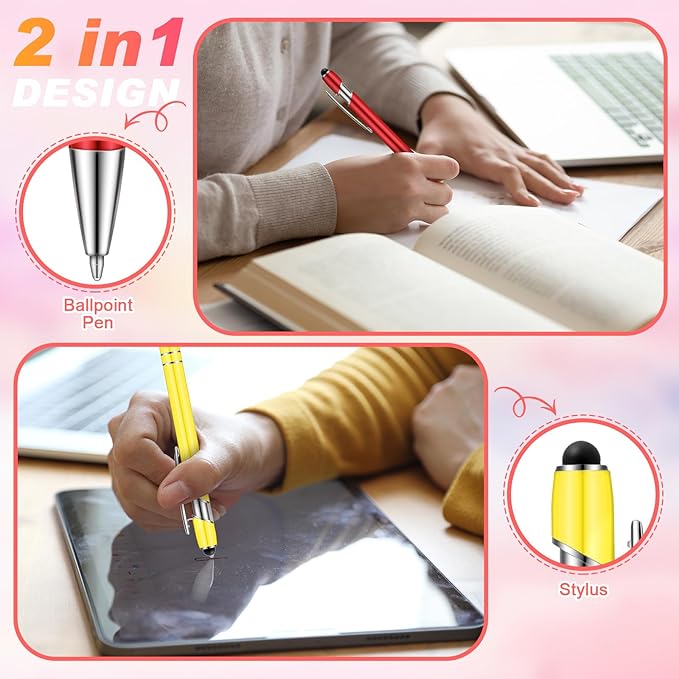 Tenare 12 Pieces 2 in 1 Stylus Metal Ballpoint Pen with Stylus Tip, 1.0 mm Black Ink Ballpoint Pen for Touch Screens(Assorted Color)
