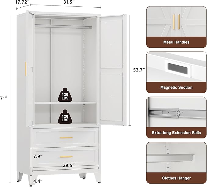 Farmhouse Wardrobe Cabinet with 2 Drawers,Metal Wardrobe Closet with Hanging Rod,Metal Armoire with Adjustable Shelves for Bedroom,Living Room, Cloak Room,Office (White)