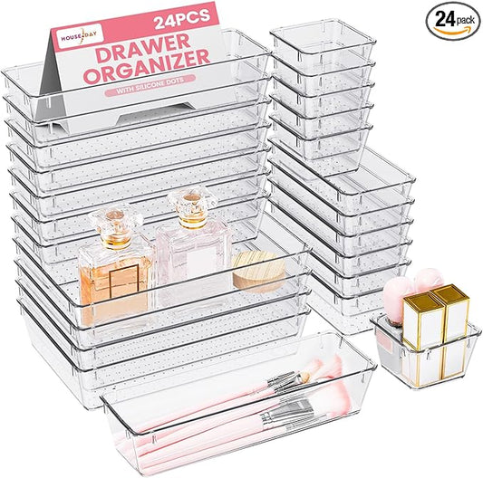 HOUSE DAY Makeup Drawer Organizer Trays 24 PCS, 4-Size Clear Drawer Organizers with Silicone Pads, Vanity Organizers and Storage, Non Slip Plastic Drawer Organizer for Desk, Bathroom, Kitchen, Office