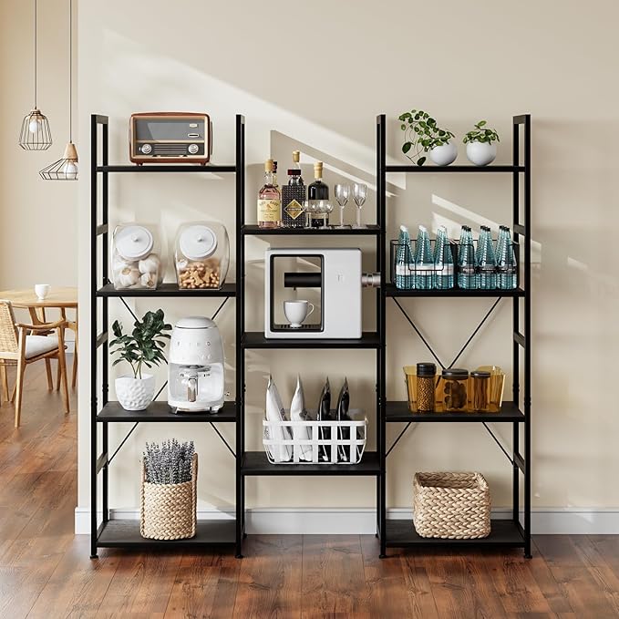 NUMENN Triple Column 4 Tier Bookshelf, Bookcase with 11 Open Display Shelves, Adjustable Rustic Industrial Style Book Shelves, Modern Bookshelves for Bedroom, Living Room and Home Office, Black