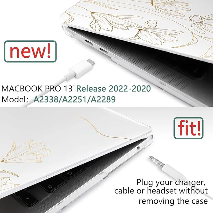 TWOLSKOO Compatible with MacBook Pro 13 inch Case 2022 2021 2020-2016 A2338 M2/M1 A2251 A2289 A2159 A1989 A1706, Plastic Hard Shell Cover & Keyboard Skin & Screen Protector, Gold Florals