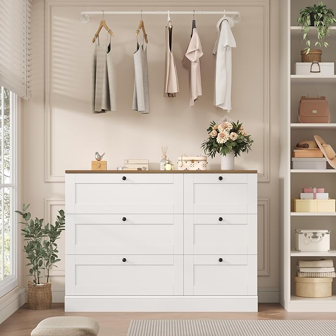 HOSTACK 6 Drawer Dresser, White Dresser for Bedroom, Wood Wide Chest of Drawers, Modern Farmhouse Drawer Chest for Living Room, Hallway, Entryway, White/Rustic Brown