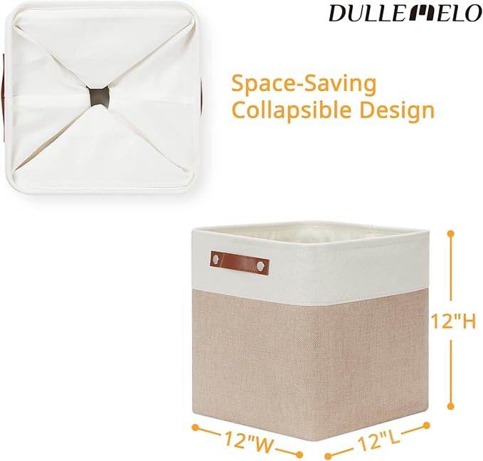 DULLEMELO Cube Storage Bins - 4 Pack Foldable Large Storage Baskets 12 inch Gifts Empty Fabric Bins for Home Office Cubes Organizer Closet, Shelves, Toy, Nursery (4 Pack - 12" White&Khaki)