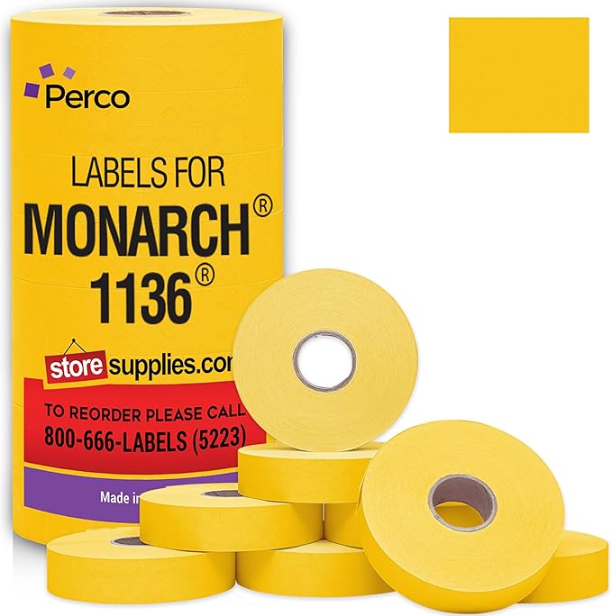 Perco Yellow Pricing Labels for Monarch 1136 Price Gun - 1 Sleeve, 8 Rolls, 14,000 Price Marking Labels - with Ink Roll Included