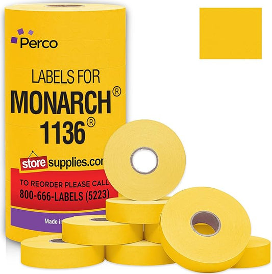Perco Yellow Pricing Labels for Monarch 1136 Price Gun - 1 Sleeve, 8 Rolls, 14,000 Price Marking Labels - with Ink Roll Included
