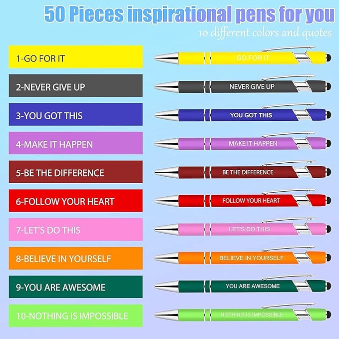 50 Pieces Inspirational Pens, Motivational Ballpoint Pen with Stylus Tip Funny Ink Pens Bulk Inspirational Gifts for Women Coworkers Office Supplies Black Ink