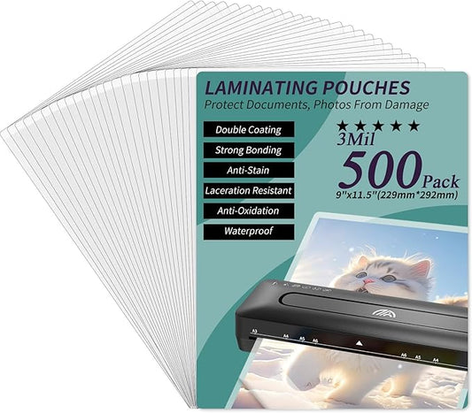 Laminating Sheets - 3Mil 500 Pack Thermal Laminating Pouches, 9"x11.5" Clear Laminate Sheets for Schedules, Menus, Certificates, Art Drawings, Round Corner