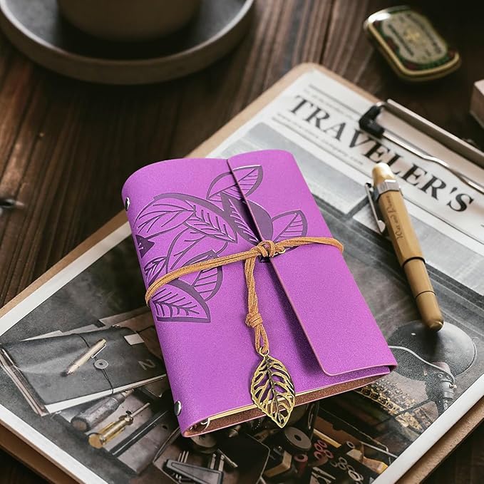 HARDCOVER JOURNAL Writing Notebook - Antique Handmade HARDCOVER Bound Daily Notepad, Vintage Leaf Series, (Leaves, Purple)