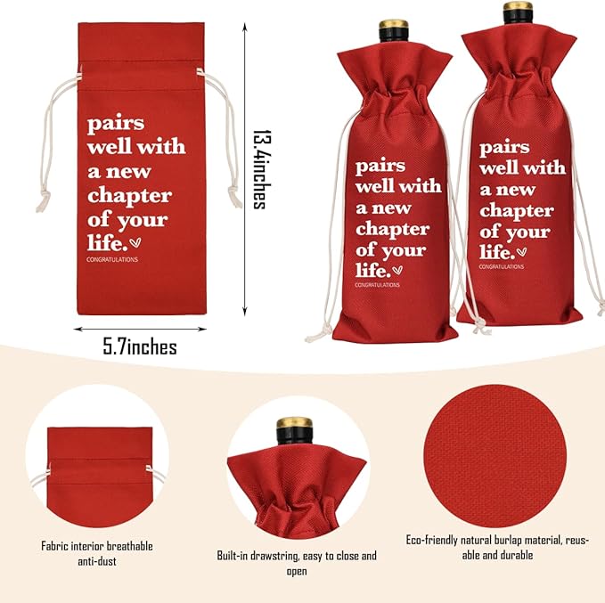 XFW Red Funny New Chapter Wine Bag New Beginnings Gifts for Women Men Farewell Gifts for Friends Going Away Gifts for Coworkers Women Men Moving Away Gifts for Friends New Teacher Gifts