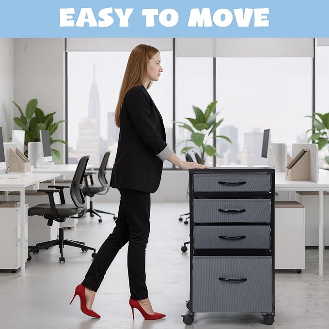 Chunful 4 Drawer Rolling File Cabinet Mobile Printer Stand Metal Cart with Fabric Vertical Filing Chest Wheels A4 Letter Size Under Desk Utility Craft Storage Organizer for Home Office(Grey)