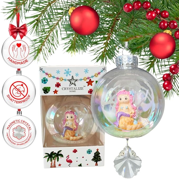 Mermaid Pink Christmas Ornament - Handmade Shatterproof Decorations for Indoor Outdoor Xmas Tree - Clear Ball Ornaments with Magnetic Crystal - Great Gift or Stocking Stuffer for Mom, Sister, Friend
