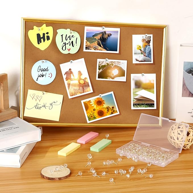 150 Pcs Push Pins, Standard & Transparent Plastic Head Steel Point Thumb Tacks for Wall, Office & Craft Organization (Gold)