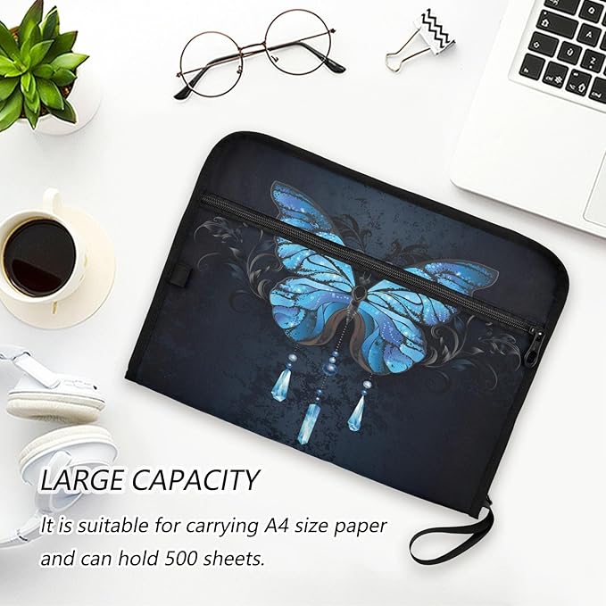 Expanding File Folder,13 Pocket Accordion File Folders Document Organizer Holder with Color Labels, Zipper Closure Waterproof for Letter A4 Size Paper,Document,Morpho Butterfly Blue