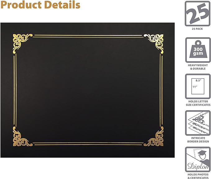 Better Office Products 25 Pack Black Certificate Holders, Diploma Holders, Document Covers with Gold Foil Border, for Letter Size Paper, 25 Count, Black