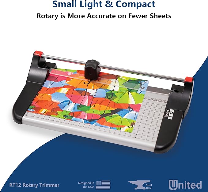 United Office Products RT12 Rotary Paper Trimmer, 12.5" Cut Length, 10 Sheet Capacity, Metal Base, Paper Cutter for Offices, Schools and Crafts