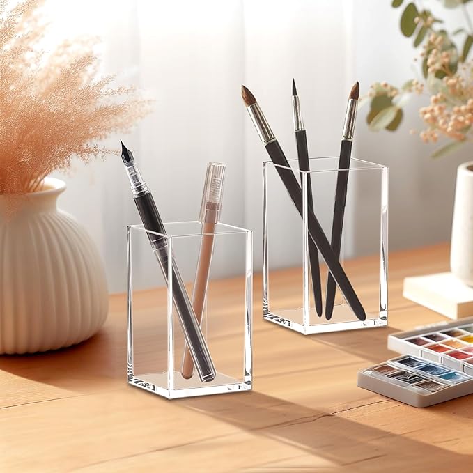 Amazing Abby - Penelope - 2-Pack Pen Holder, Acrylic Pen Holder, Clear Plastic Organizer for Office Supplies, Perfect Office Desktop Storage Solution for Pencils, Pens, Markers, Scissors, and More