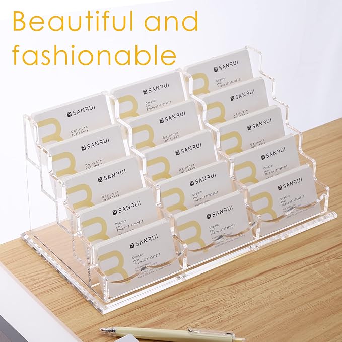 SANRUI Acrylic Multiple Business Card Holder Display for Desk , 15 Slots Business Card Stand , Clear Horizontal 5 Tier Business Card Holders, Holds 750-900 Cards