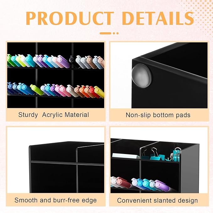 Acrylic Pen Organizer Storage for 150 Markers Vertical Marker Organizer Acrylic Pen Display Holder for Office Desk Desktop Stationery Pencil Storage, Black, 10.2 x 4 x 9.8 Inch