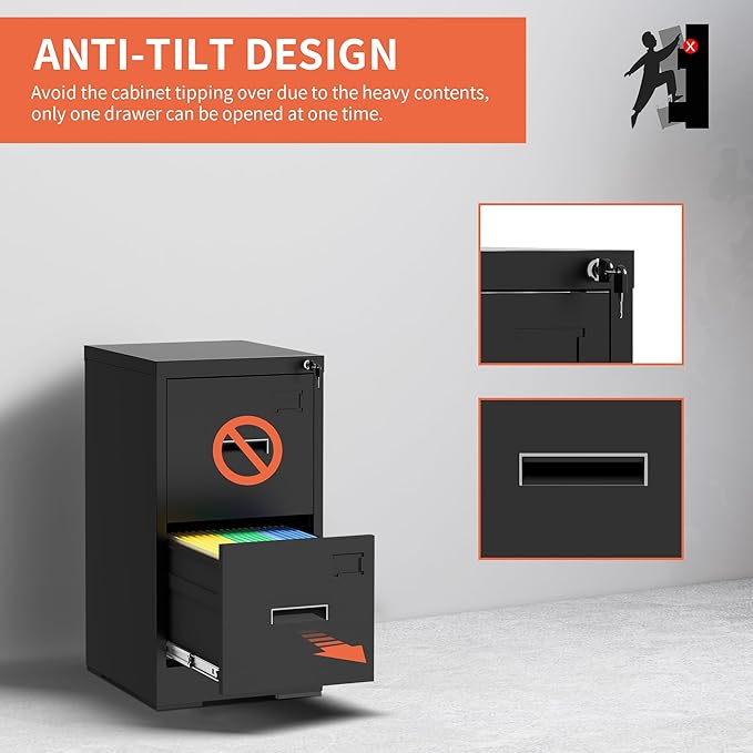 2 Drawer Metal File Cabinet with Lock Heavy Duty Home Office Steel Vertical Filing Lockable Cabinets for Legal/Letter Size File,Assembly Required