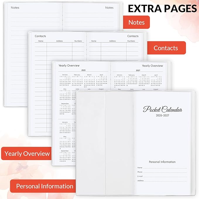 Pocket Calendar 2025-2027, Floral 2026-2027 Monthly Planner - 3.7" x 6.7" - Runs from July 2025 Until December 2027, 2026 Pocket Planner with PVC Cover for Home, School, Office Supplies