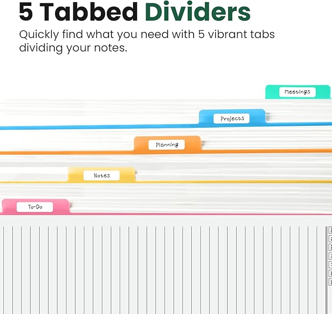 Hardcover Spiral Journal Notebooks for Work With Removable Dividers & Tabs, 8.5"x11" 5 Subject Notebook for Note Taking & Organizer, A4 College Ruled Lined Journal for Women & Writing, Dark Green, 280 Pages