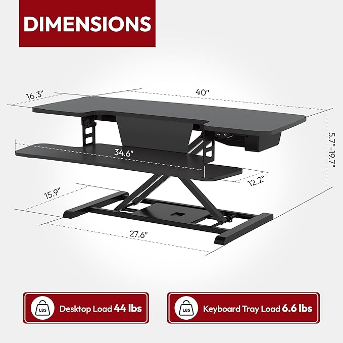 SANODESK 40" Electric Standing Desk Converter， Height Adjustable Riser for Office Home,Dual Monitor and Laptop Workstation with Large Keyboard Tray,Black Color