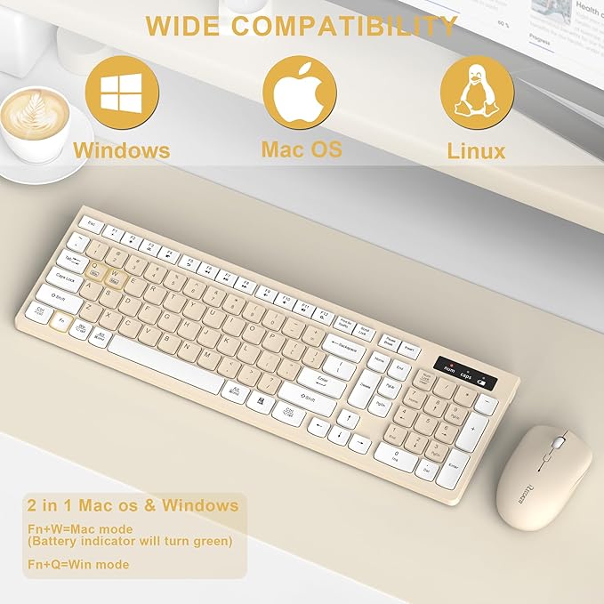 Wireless Keyboard and Mouse Combo, Full-Sized Wireless Keyboard and Adjustable DPI Mouse, 2.4GHz USB Receiver, Keyboard and Mouse for PC, Windows, Desktop, Laptop (Latte Color)