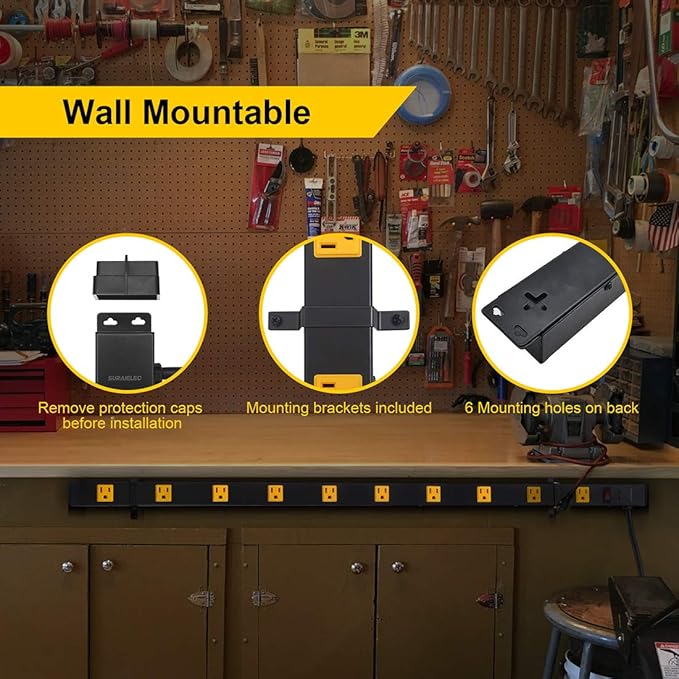 SURAIELEC 10 Outlet Long Power Strip Surge Protector, Industrial Heavy Duty Metal Shop Power Strip Flat Plug, 1000 Joules, 15 A Breaker, 6FT Cord, Wall Mountable, for Work Bench, Shop, Garage, 2 Pack
