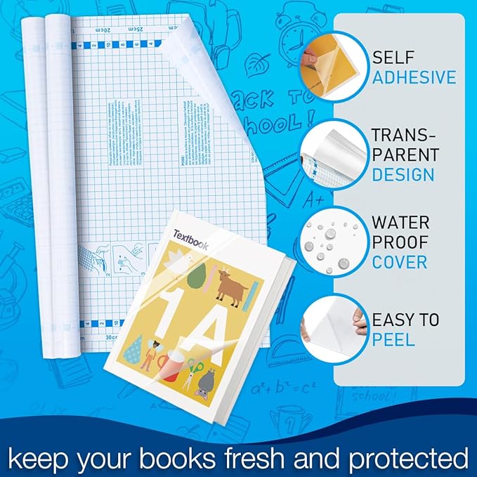 Chell 2 Pack Clear Contact Paper Roll for Books, 17.5in x 5ft Clear Self Adhesive Book Cover Paper Protector