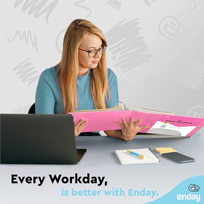 3 Inch 3 Ring Binder Pink, Slant D-Ring 3” Clear View Cover with 2 Inside Pockets, Heavy Duty Colored School Supplies Office and Home Binders – by Enday