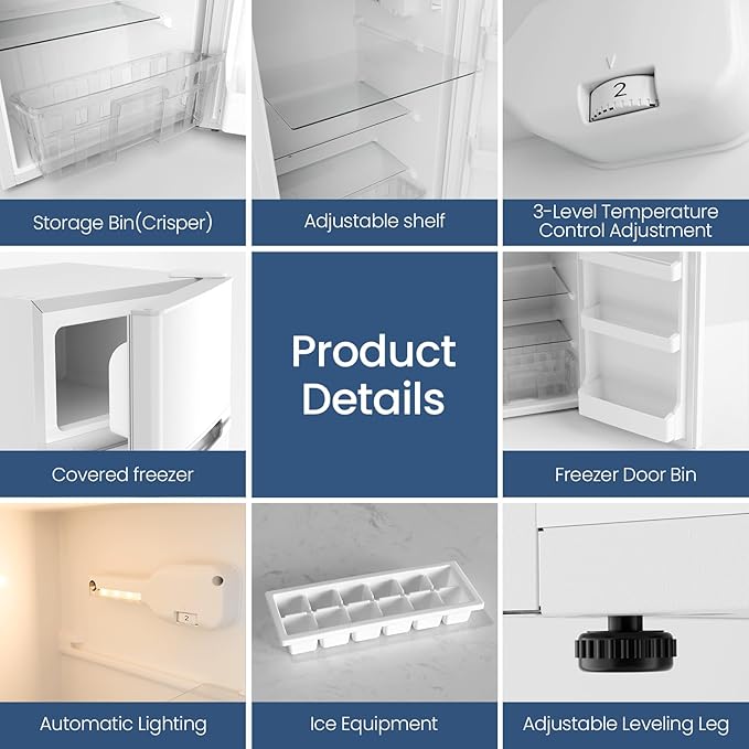 Kismile 4.5 Cu.Ft Mini Fridge with Freezer, Compact Mini Refrigerator with Adjustable Removable Glass Shelves,Small Fridge with 2 Doors for Home,Kitchen,Dorm,Apartmen,White