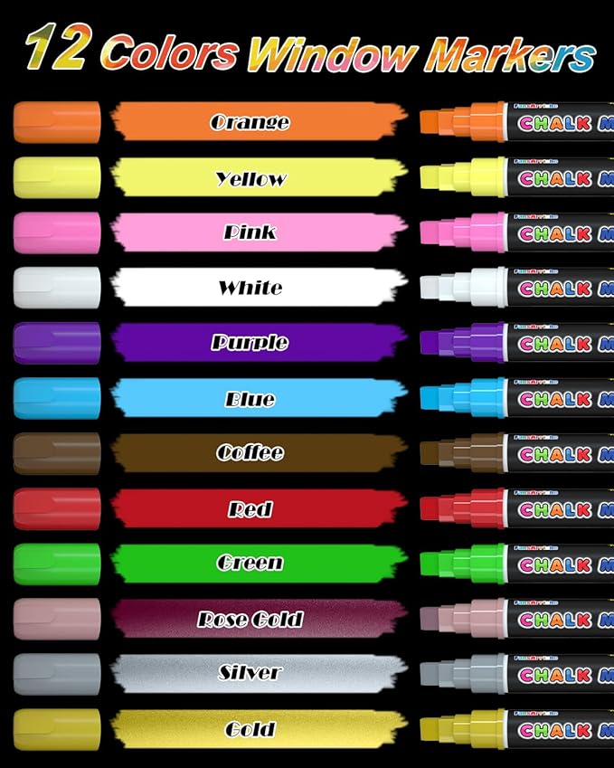 FansArriche Liquid Chalk Markers, 12 colors 10mm Erasable Marker Pens, Washable Window Markers For Glass, Blackboard, Bistro Menu, Car Windows, Mirrors, Labels, 3 In 1 large nib