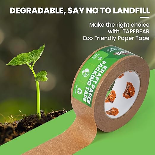 TAPEBEAR Eco-Friendly Kraft Paper Tape, Biodegradable Heavy Duty Packing Tape 2Inch x 55Yard, Recyclable Packaging Tape Self Adhesive Box Tape for Shipping, Sealing, Moving & Masking, 48Rolls