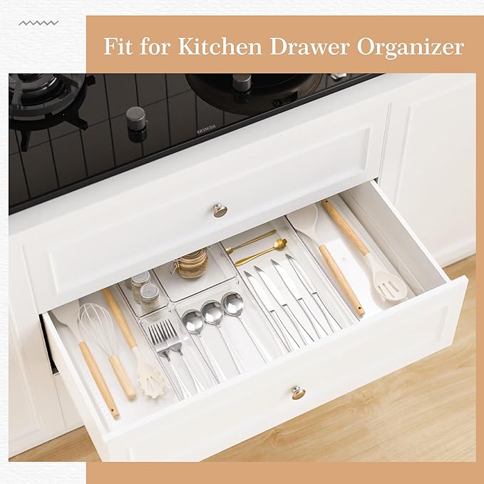 Criusia Drawer Organizer, 5-Size Versatile Bathroom and Vanity Organizer Trays, 20 Pack Clear Plastic Kitchen Drawer Organizers Set, Storage Bins for Makeup, Bathroom, Jewelries and Office