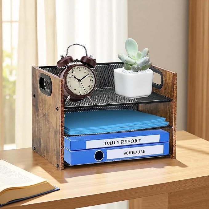 Wood Desk Organizer - 3-Tier Desktop File Organizer, Wooden Paper Tray, Office Desk Organzier and Accessories for Papers, Mail, Notebooks, Stationery