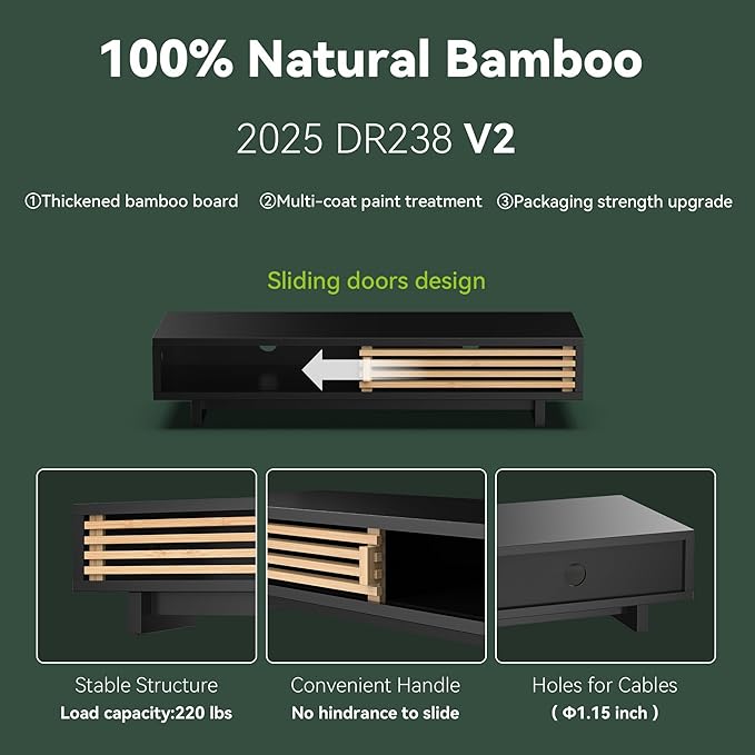 Monitor Stand Riser with Sliding Door, Computer Laptop Stand Desk Shelf Organizer with Storage (Black + Natural Bamboo, 25 Inch)