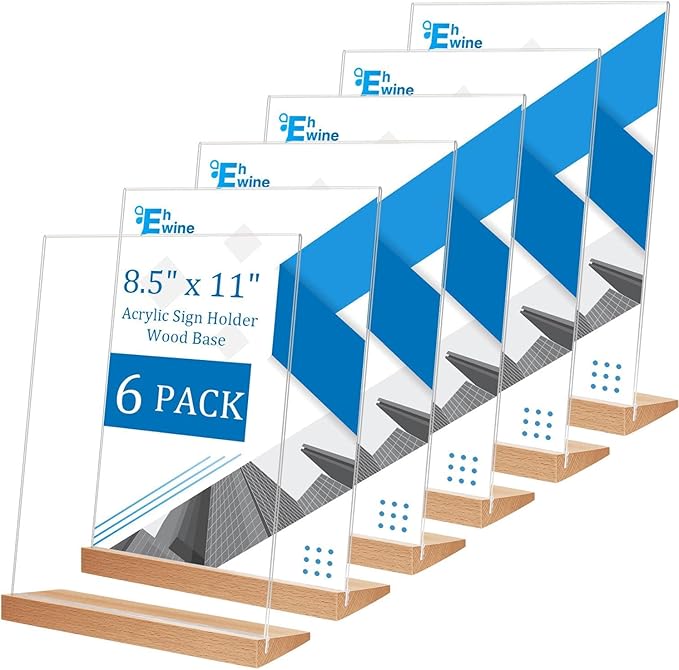 EHWINE 8.5 x 11 Acrylic Sign Holder, 6 Pack L Shape Frames With Wood Base, Clear Table Flyer Menu Stand for Office Business Store, Brown and Wood Color Base