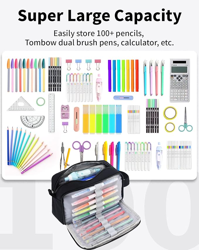 Sooez Big Capacity Pencil Case, Upgraded Canvas Pencil Pouch Large Pencil Bag Organizer, Separate Compartments Easy Grip Handle, Aesthetic Supply for School Teens Adults, Black Pen Case