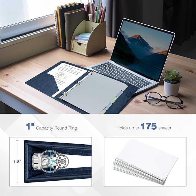 Ospelelf 3 Ring Binder With Clipboard 1 Inch Leather for Letter Size (8.5" x 11"), 5 Tab Dividers Office Supply, Dark Blue