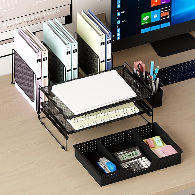 Desk Organizer, Office Organization with Vertical File Holder, File Organizer with Drawer and Pen Holder, Desk Accessories and Workspace Organizers for Home Office (Black)