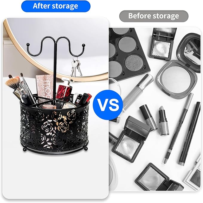 360 Degree Rotate Pen Holder for Desk Mesh Desk Pen Organizer Pencil Holder Large Capacity Accessories & Workspace Organizers for School,Home (Black rose lace pattern, With hook)