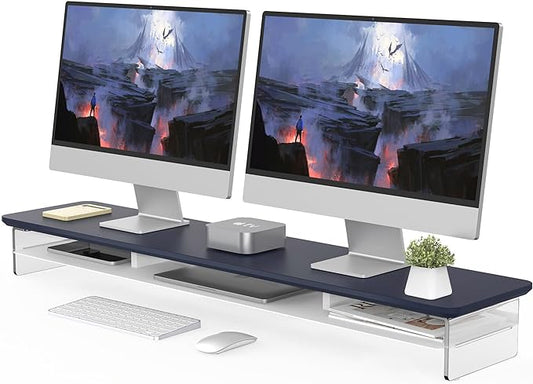 Fenge Acrylic Monitor Stand Riser, 42.5 Inches Dual Monitor Stand with Metal Storage, 2 Tier Acrylic Computer Riser for Desk, Clear Laptop Stand for PC, Laptop, Printer, TV, Blue